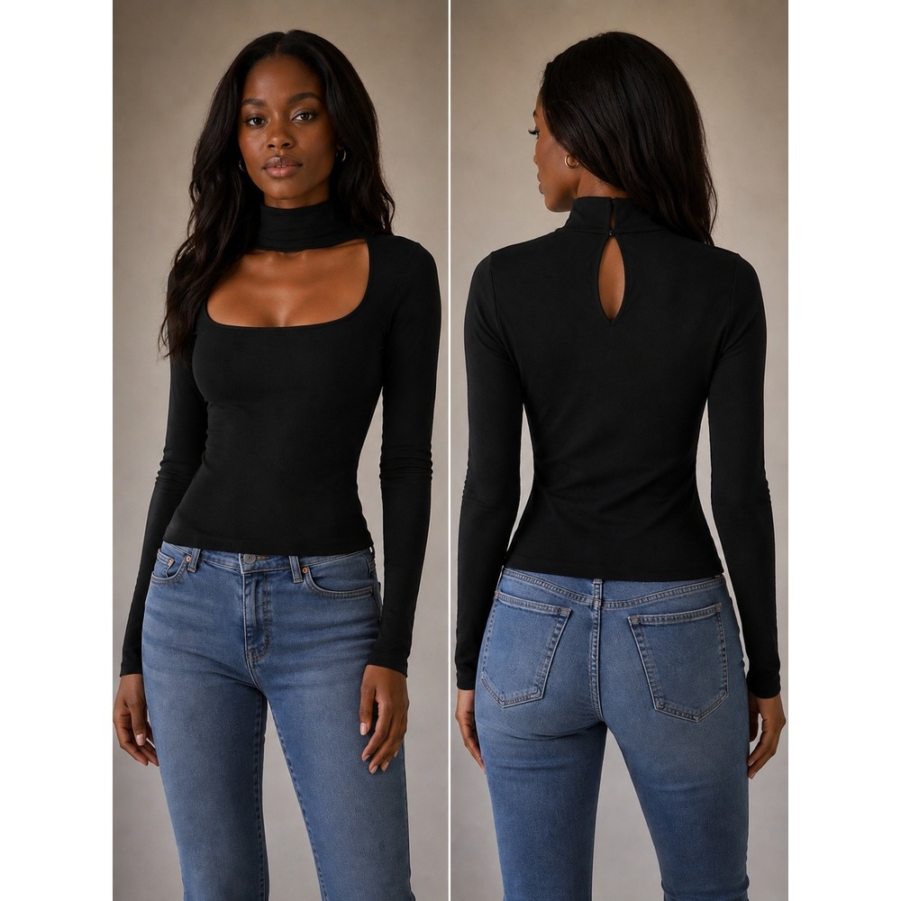 GUESS Black Ribbed Mock Square Neck Cutout Long Sleeve Top W0BP42R8TZ0 Womens‎ M
